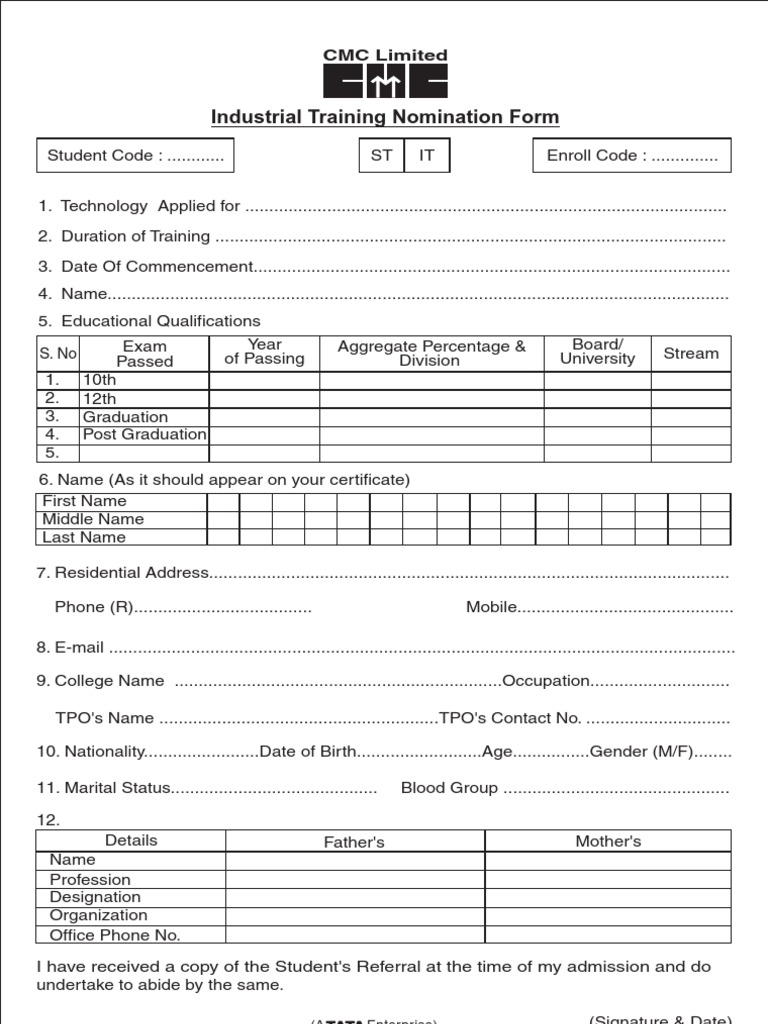Industrial Training Nomination Form | PDF | Educational Stages ...