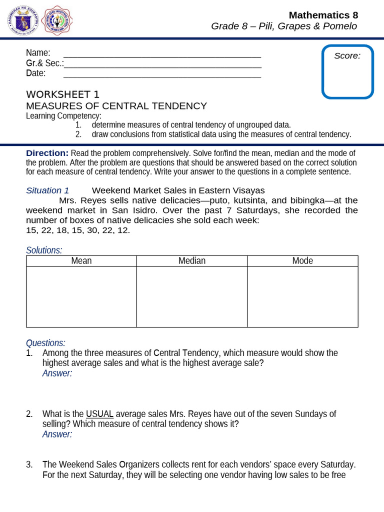 q1 Worksheet 1 Math 8 Measures of Central Tendancy | PDF | Average ...