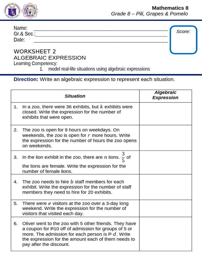 Algebraic Expressions Worksheet for Grade 8 | PDF | Chess Theory | Chess