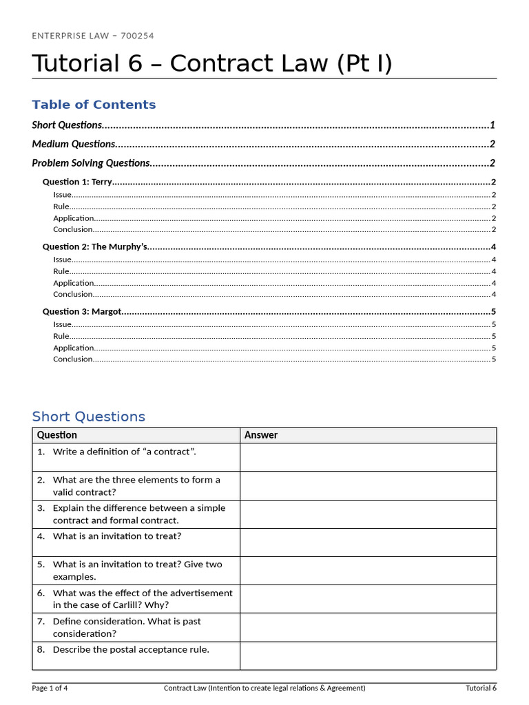 Tutorial 6 - Contract Law (PT I) | PDF