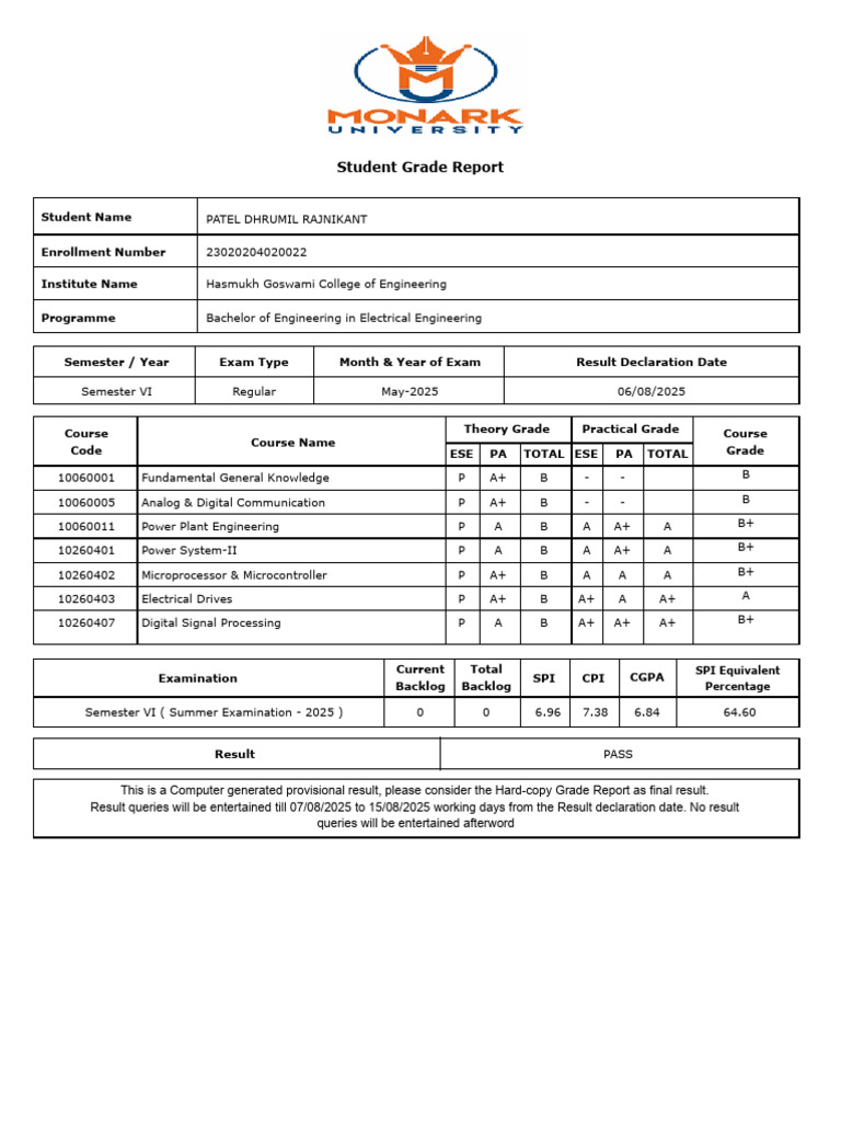 Student Grade Report for Engineering 2025 | PDF | Information And ...