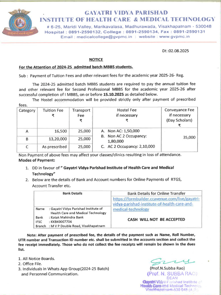2024-25 Admitted Batch Second Year Fees Notice | PDF