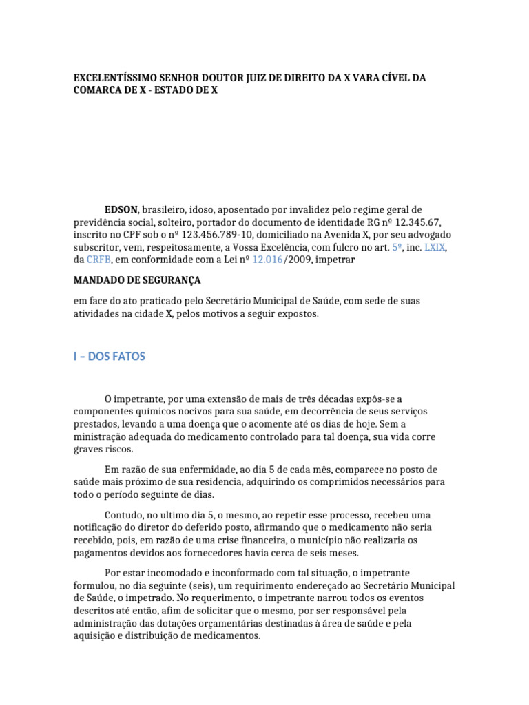 Mandado de Segurança: Acesso a Medicamento | PDF | Injunção | Mandamus