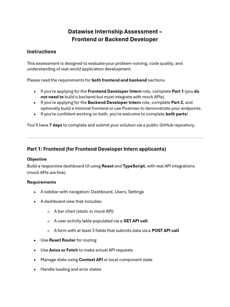 Datawise Developer Internship Assessment | PDF | Software Engineering ...