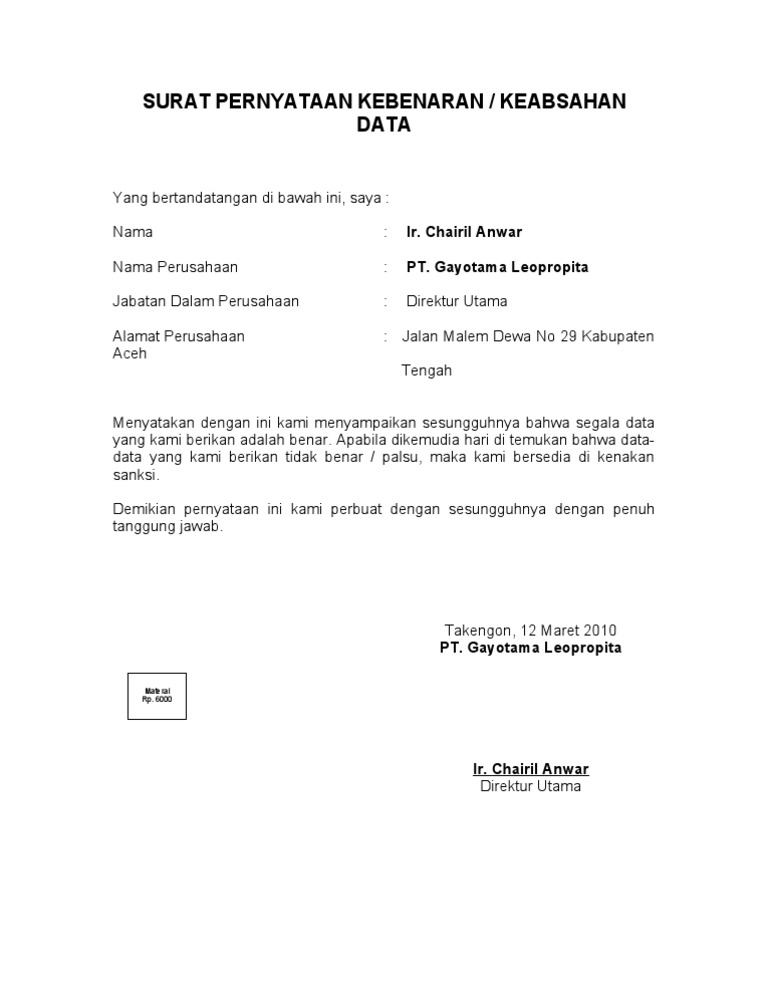 Surat Pernyataan Kebenaran Keabsahan Data