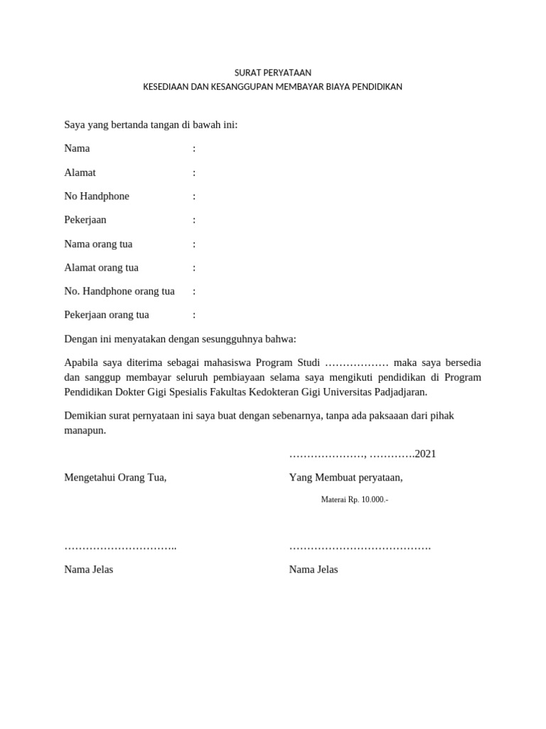 Draft Surat Pernyataan Kesanggupan Membayar | PDF