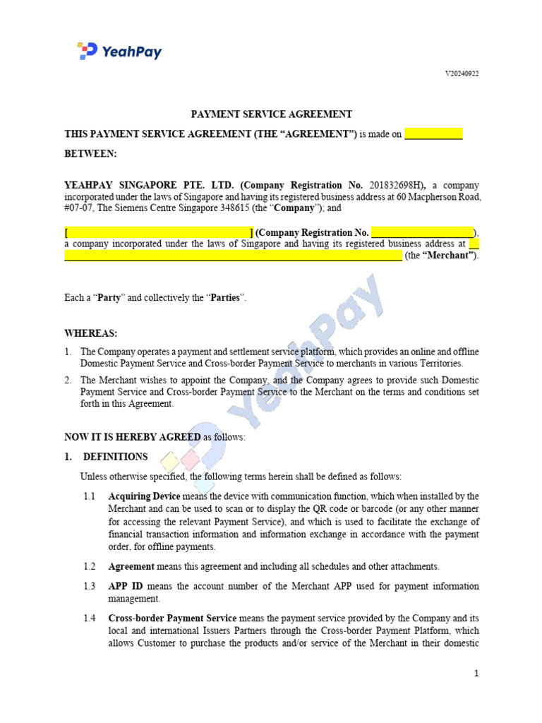 Yeahpay Payment Service Agreement | PDF | Arbitration | Non Disclosure ...