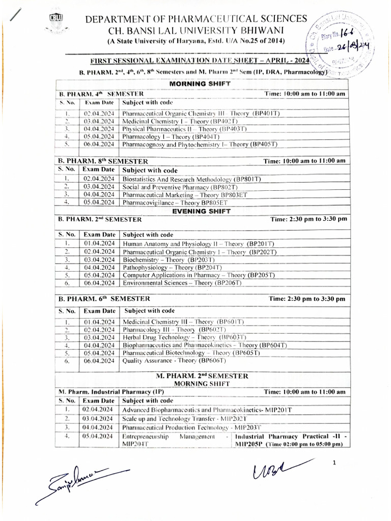 First Sessional Examination Date Sheet April-2024 | PDF