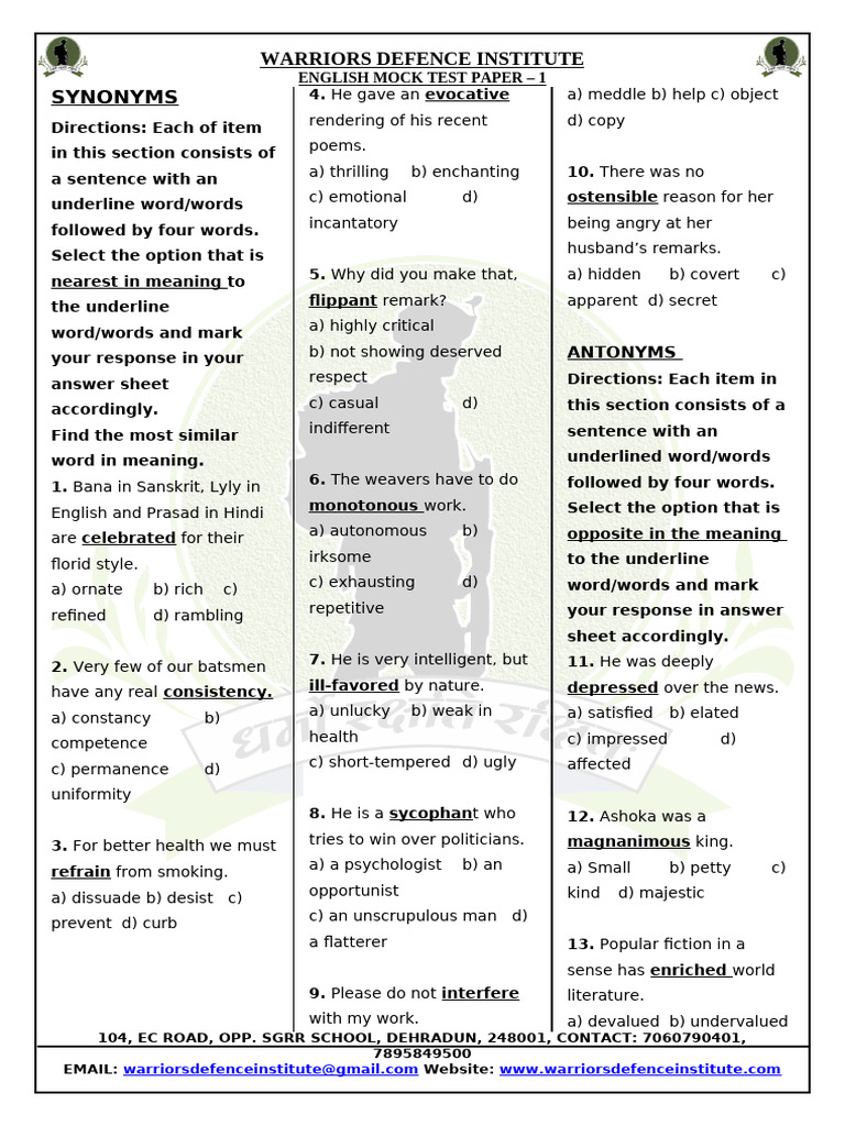English Mock Test Paper 1 | PDF