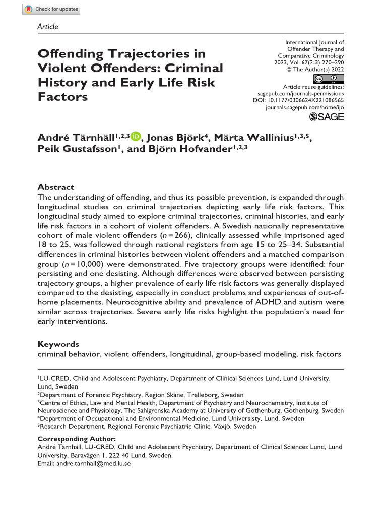 Tarnhall Et Al 2022 Offending Trajectories in Violent Offenders ...