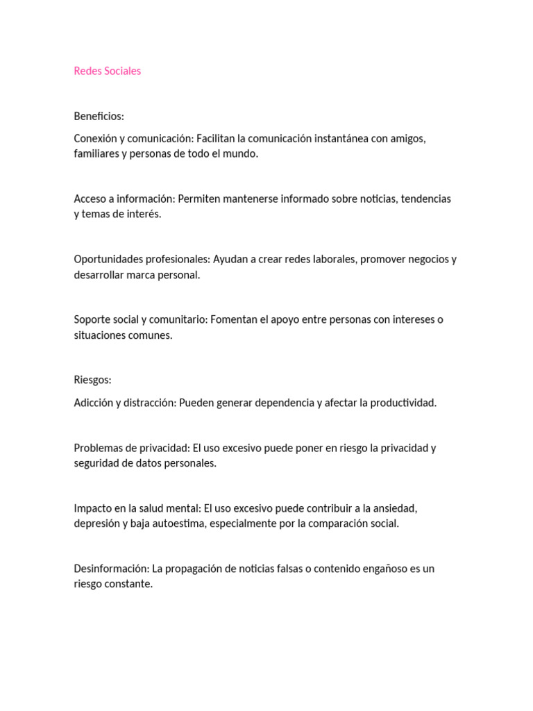 Beneficios y riesgos de redes sociales | PDF | Internet | La seguridad ...