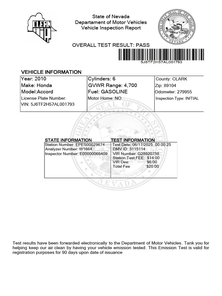 Nevada Vehicle Inspection Report 2025 | PDF