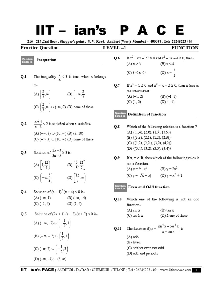IIT Ian's PACE: Inequations & Functions | PDF | Analysis | Mathematical ...