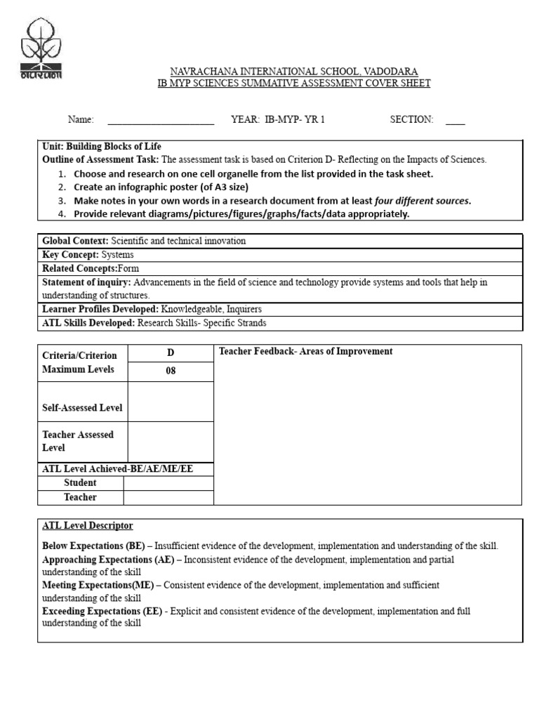 MYP 1 Criterion D - Cell Organelles | PDF | Academic Dishonesty | Science