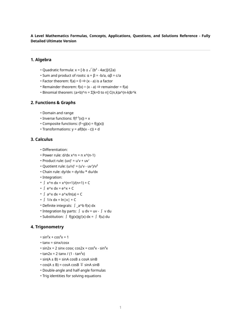 A Level Math Formulas and Solutions | PDF | Function (Mathematics ...