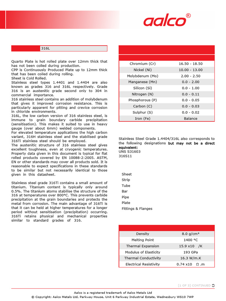 316L Stainless Steel Quarto Sheet Specs | PDF | Stainless Steel | Steel