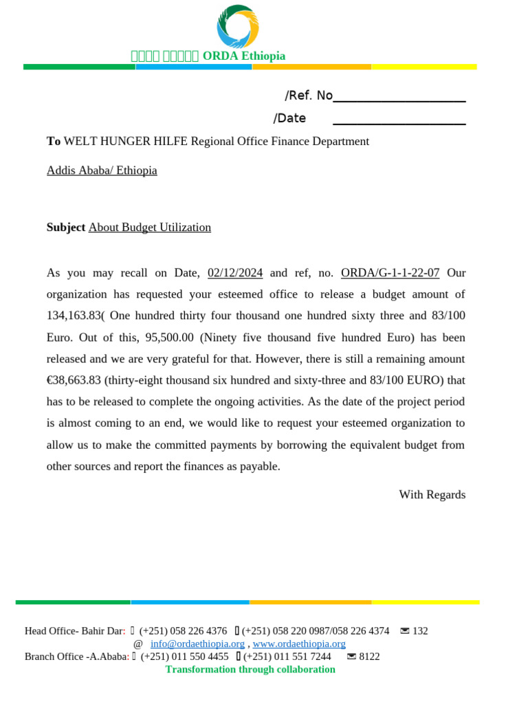 ORDA Ethiopia Budget Utilization Request | PDF