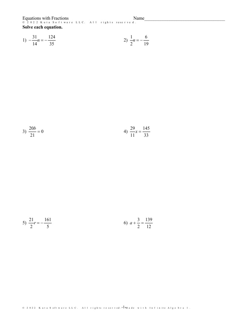 Solve Equations with Fractions Worksheet | PDF