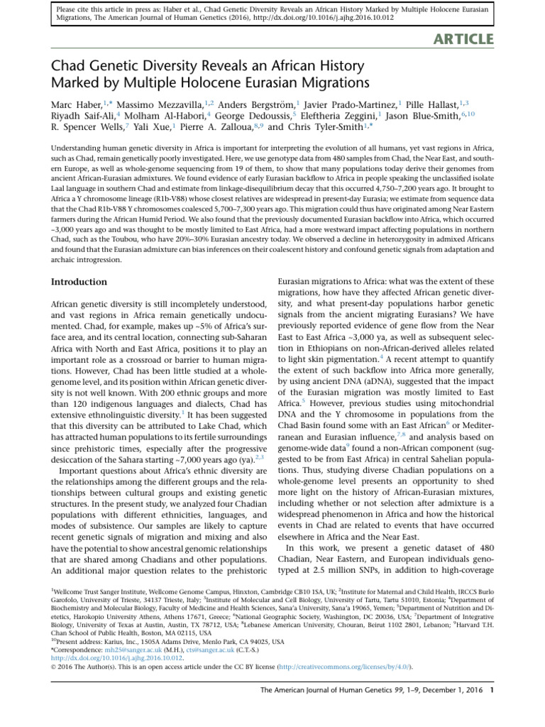 Chad's Genetic Diversity and Eurasian Migrations | PDF | Single ...