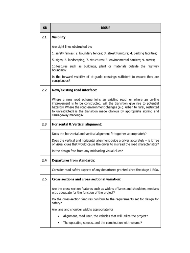 Stage 2 Road Safety Audit Checklist | PDF | Road | Traffic