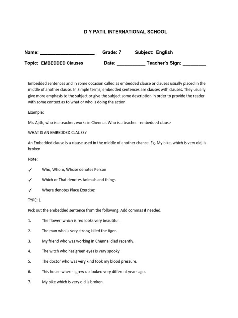 Embedded Clauses Worksheet for Grade 7 | PDF | Clause | Comma