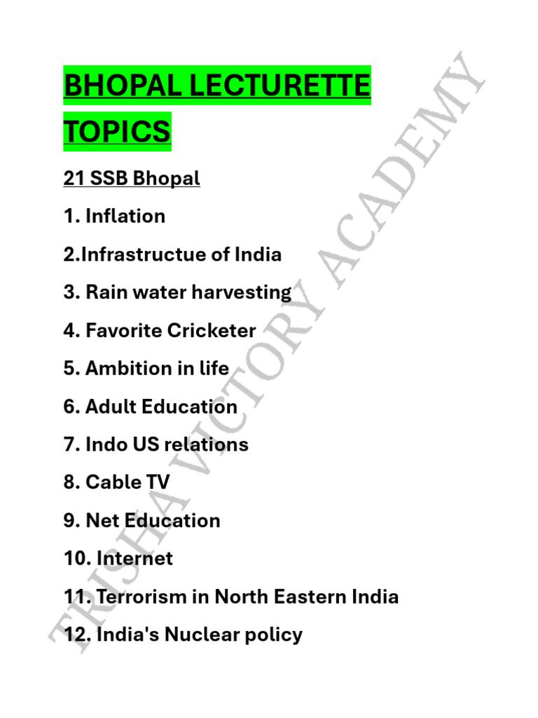 SSB Bhopal Lecturette Topics 2025 | PDF