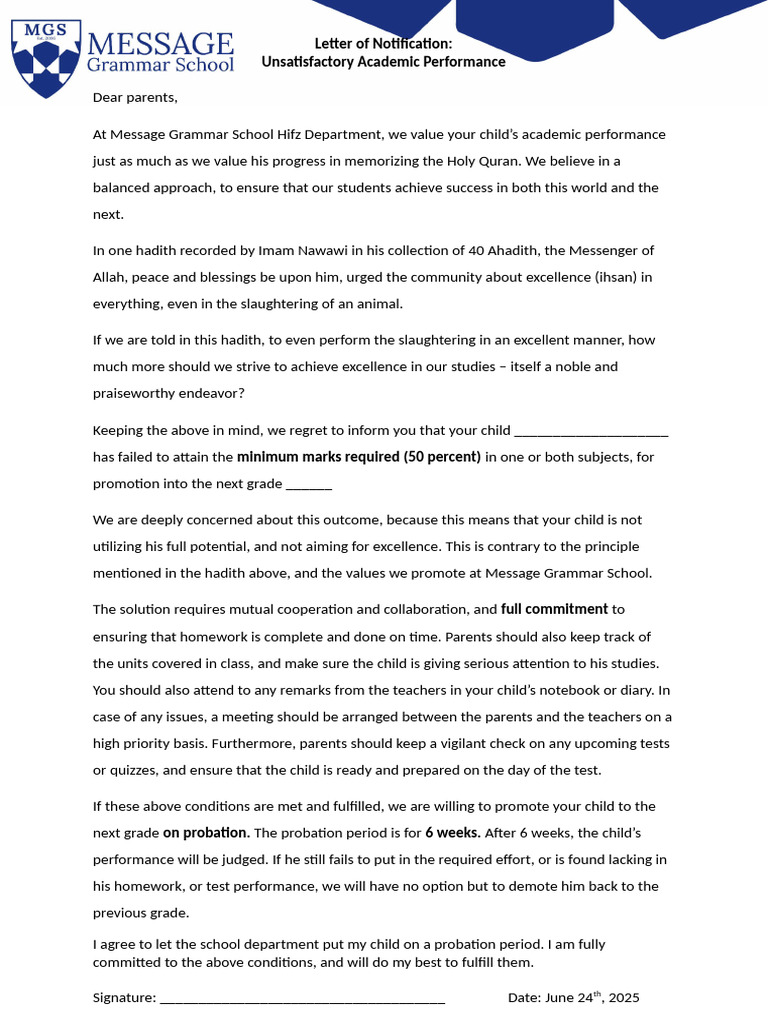 Letter of Notification For Unsatisfactory Academic Performance | PDF ...