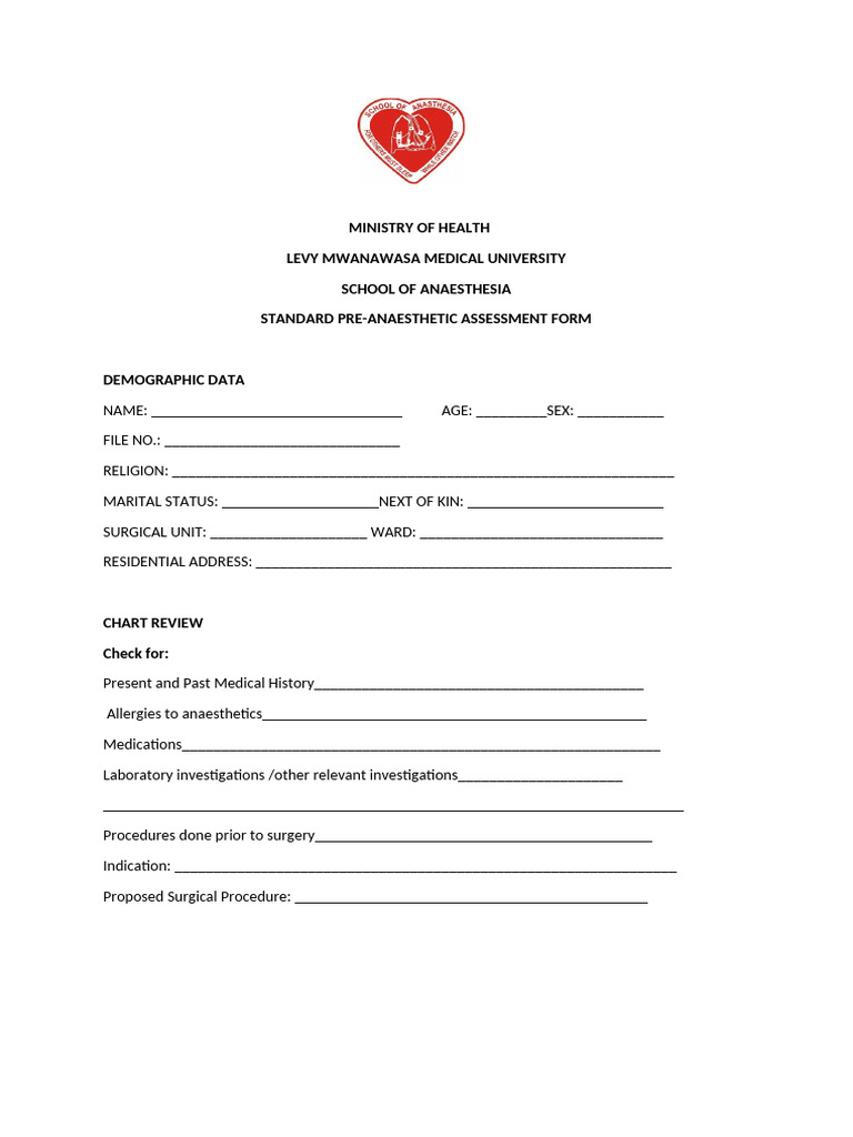 Pre-Anaesthetic Assessment Form | PDF | Anesthesia | Allergy