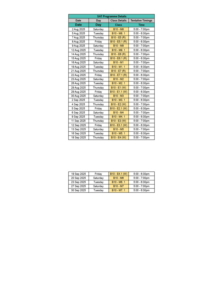 SAT Timetable for August-September 2025 | PDF