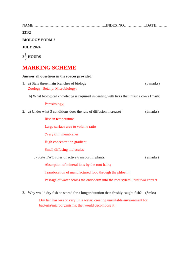 Biology Form 2 July 2024 Marking Scheme | PDF | Blood | Heart