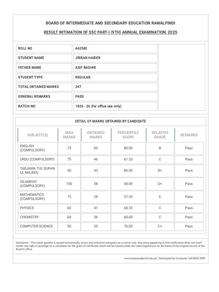 Rawalpindi Board 9th Result 2025 | PDF | Student Assessment And ...