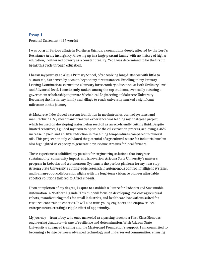 ASU Robotics Program Application Essays | PDF | Innovation | Robotics