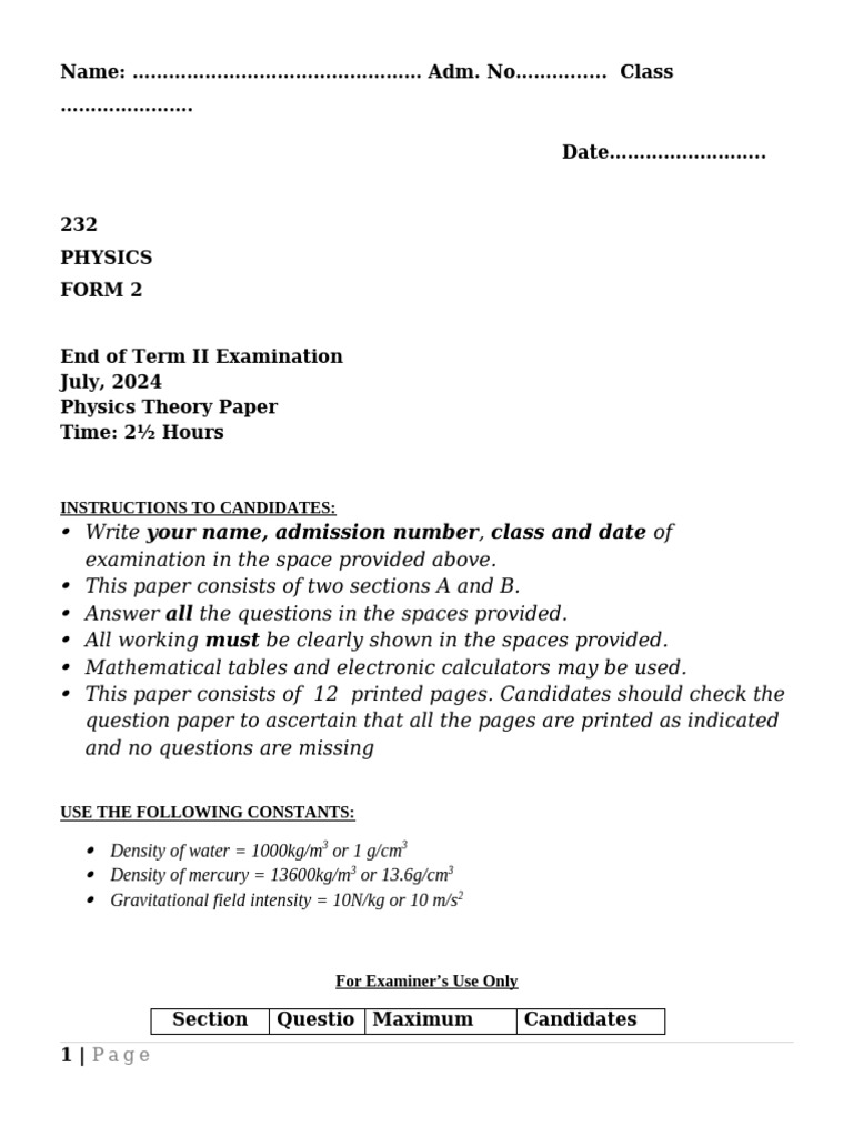 Form 2 Physics End of Term Exam 2024 | PDF | Density | Liquids