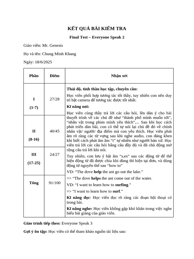 Test Evaluation - Chung Minh Khang | PDF