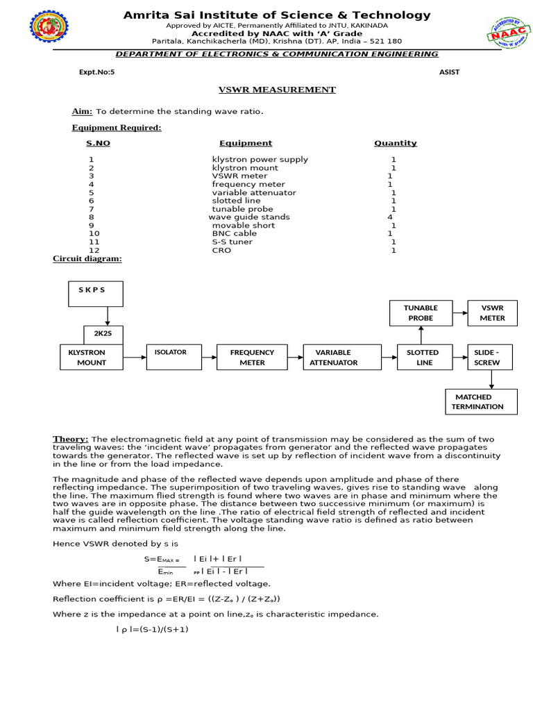 VSWR Measurement Experiment Guide | PDF | Electronic Engineering ...