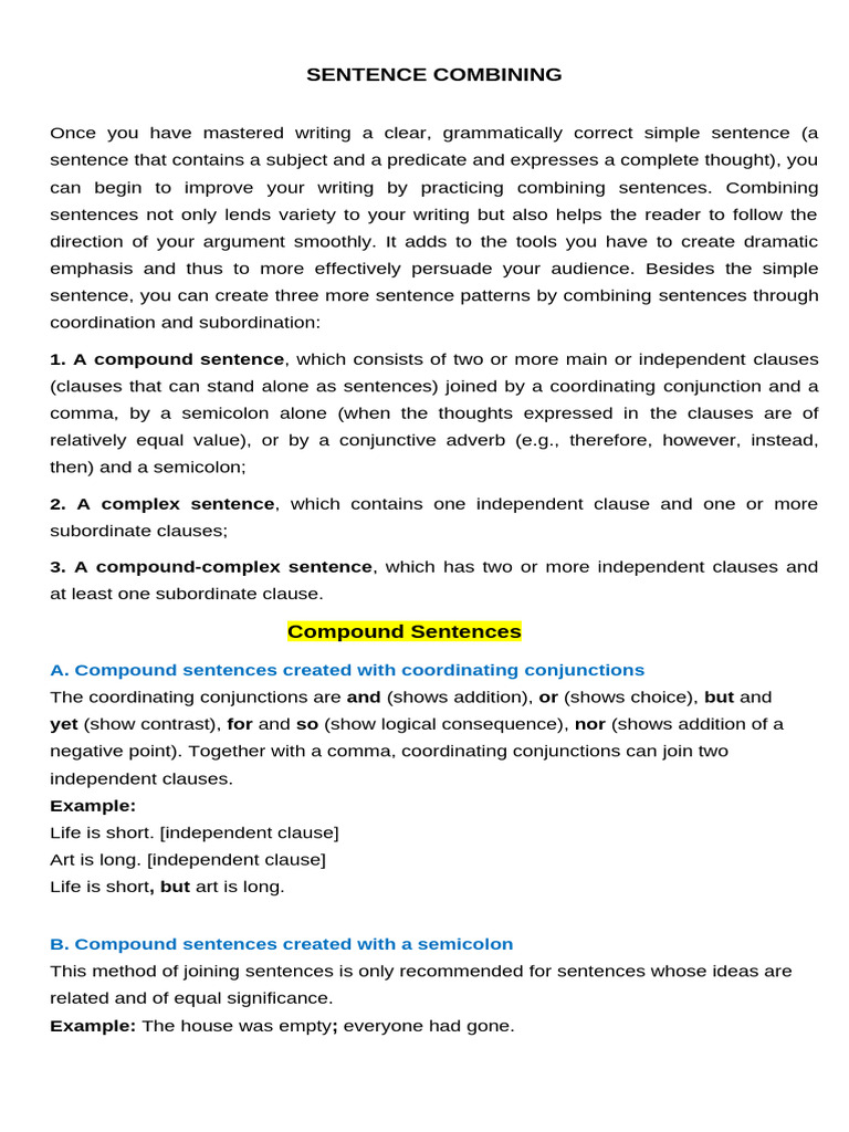 Mastering Sentence Combining Techniques | PDF | Linguistics | Language ...