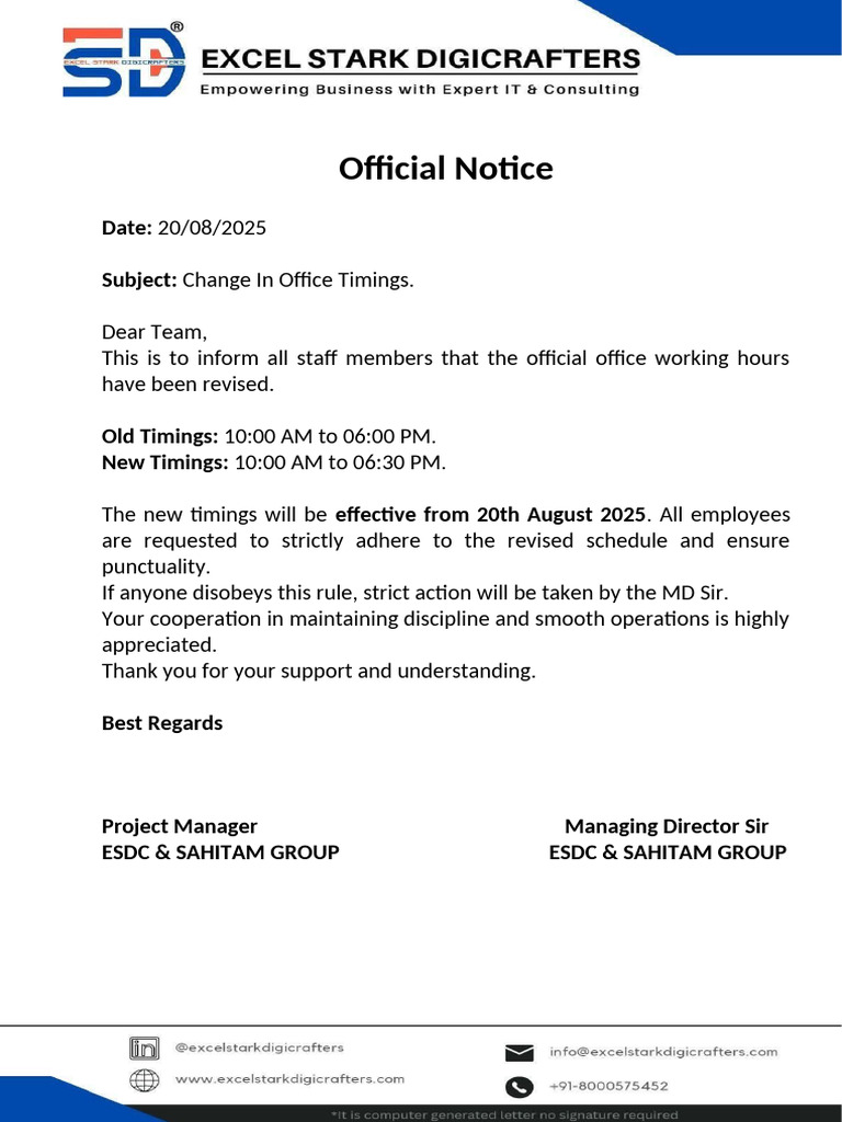 Revised Office Timings Notice | PDF