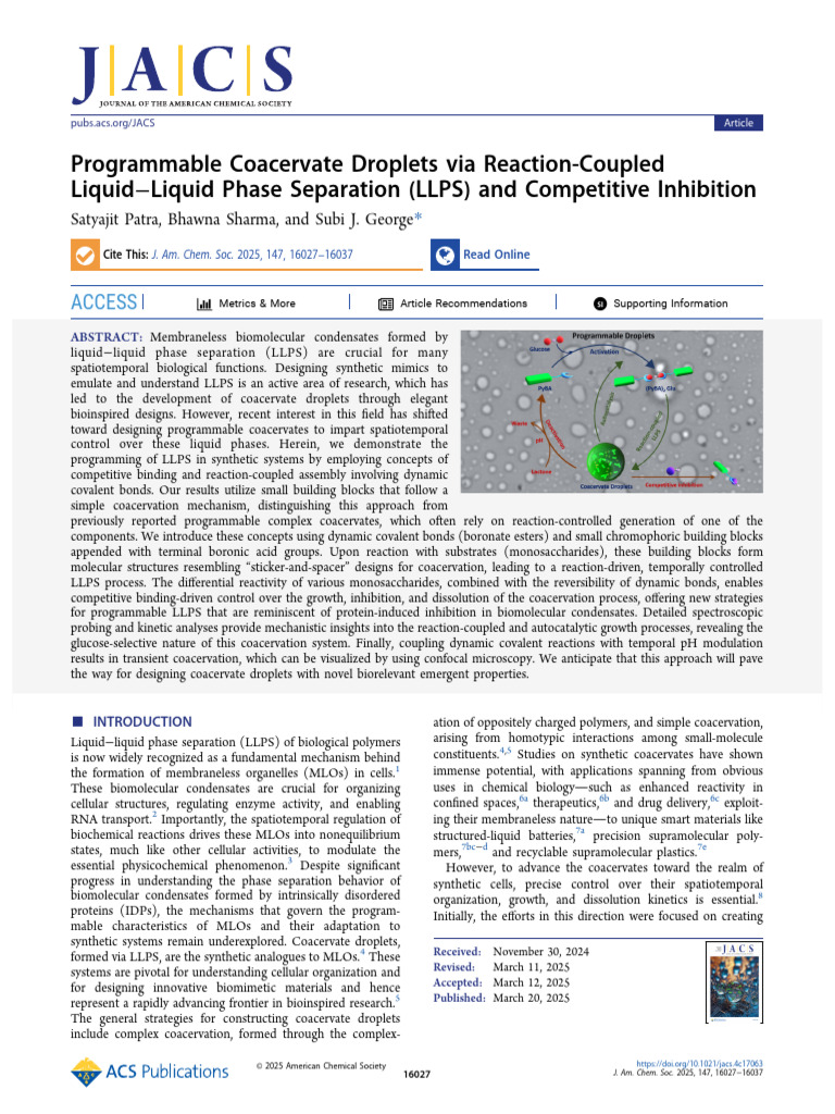Patra Et Al 2025 Programmable Coacervate Droplets Via Reaction Coupled ...