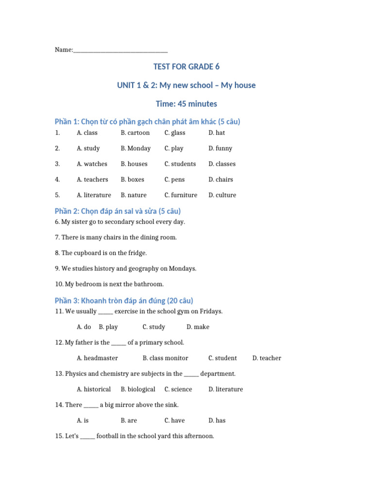 Grade 6 Unit 1 Test: My School & Home | PDF