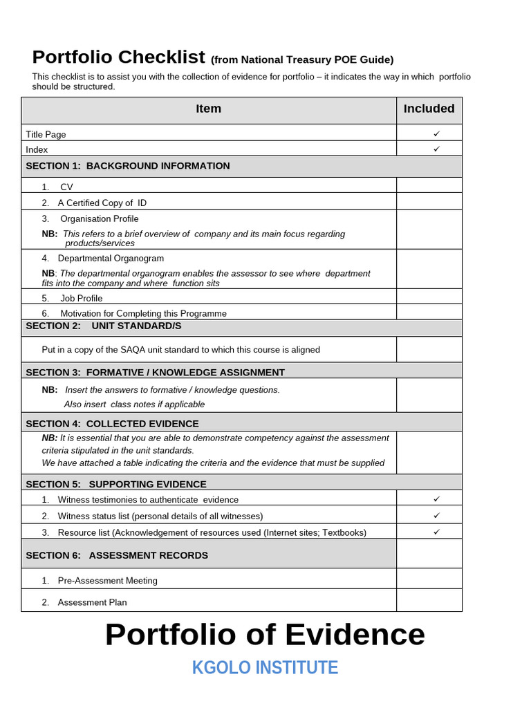 Portfolio Evidence Checklist Guide | PDF