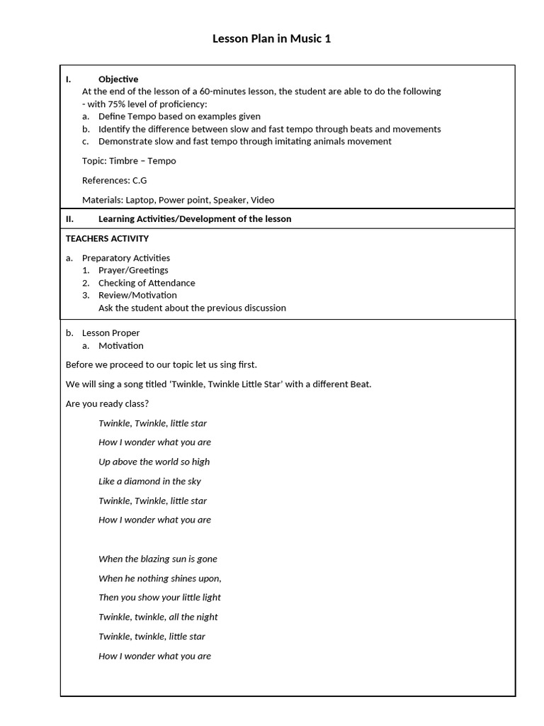 Music Lesson Plan: Understanding Tempo | PDF