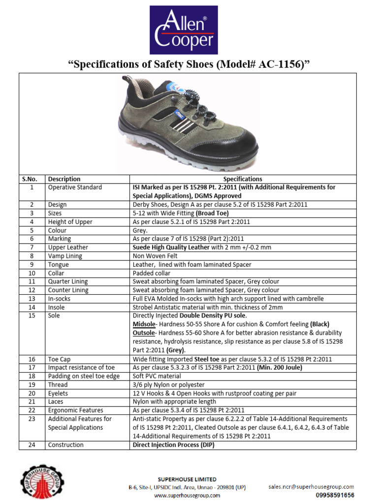 AC-1156 Safety Shoes Specifications | PDF | Shoe | Materials