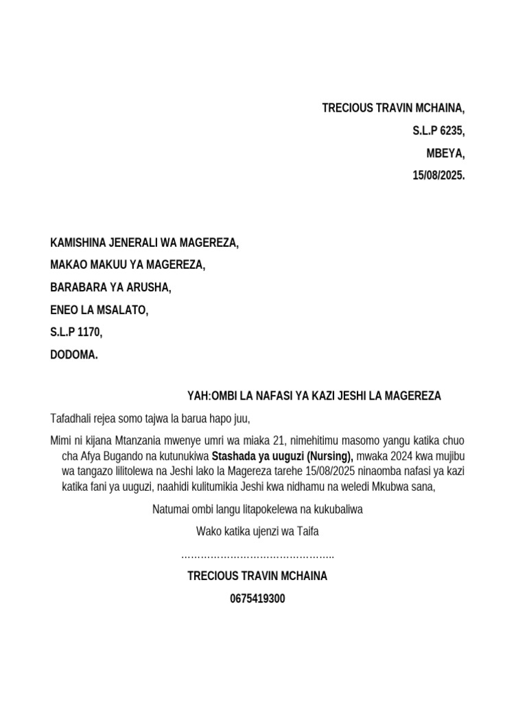 Sample Ya Barua Ajira Za Magereza Mchaina | PDF