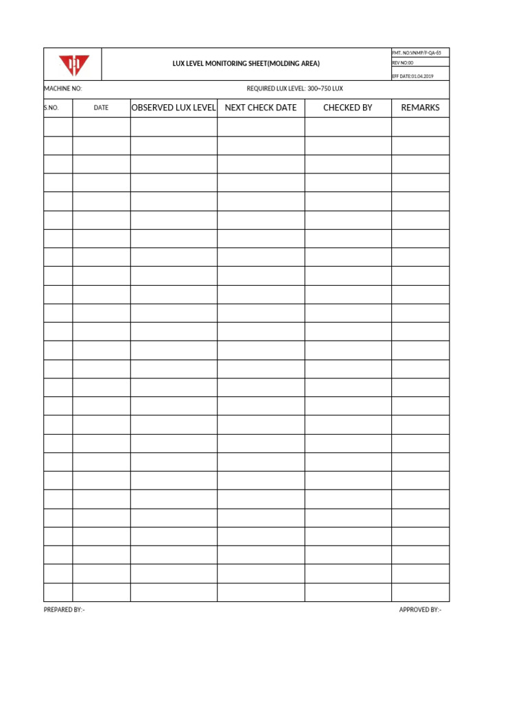 89 Lux Level Monitoring Sheet | PDF