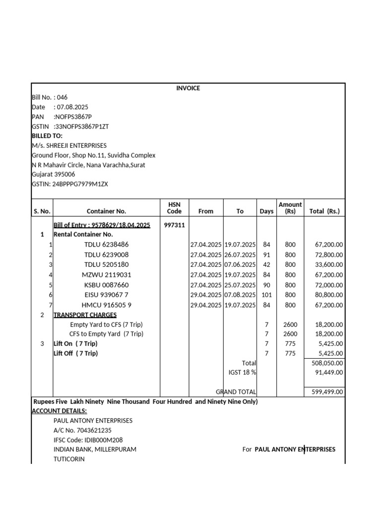 Invoice for Container Rental Services | PDF