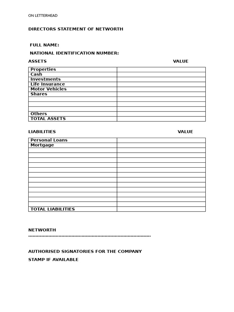 Director's Net Worth Statement Template | PDF