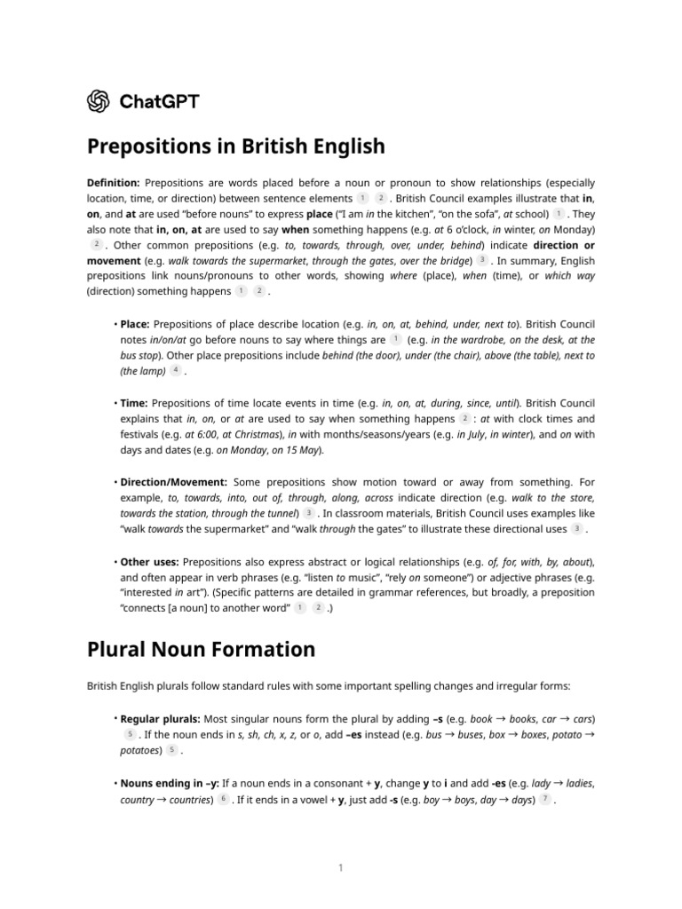 Prepositions in British English | PDF | Plural | English Language
