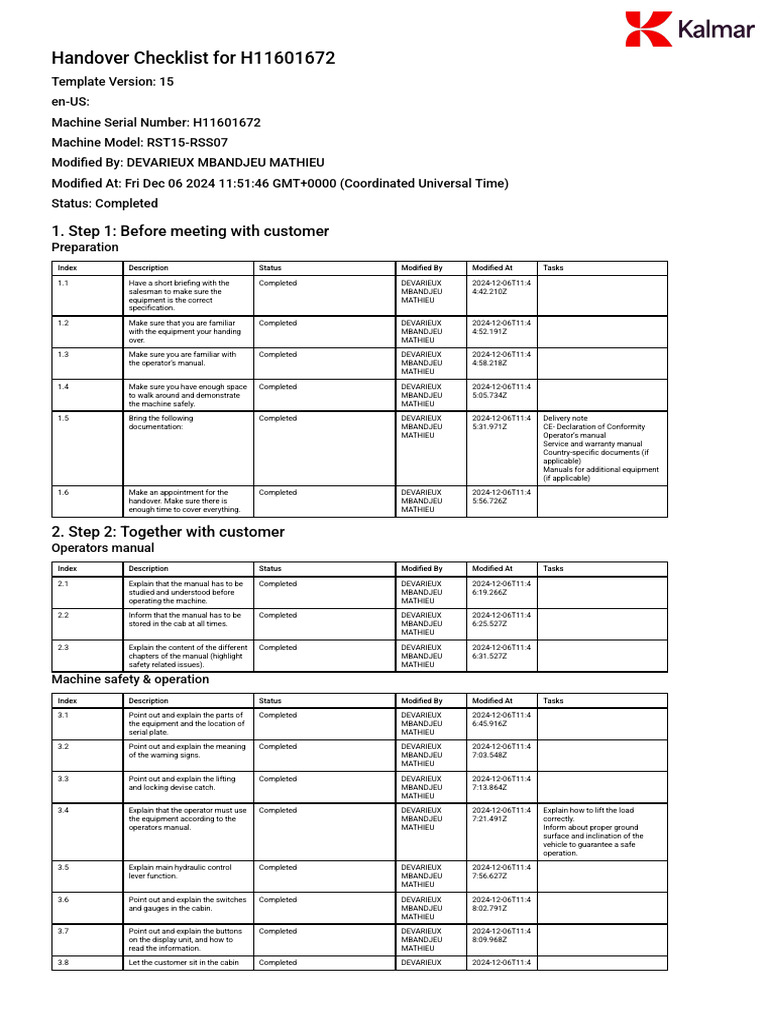 H11601672 Handover Checklist Guide | PDF