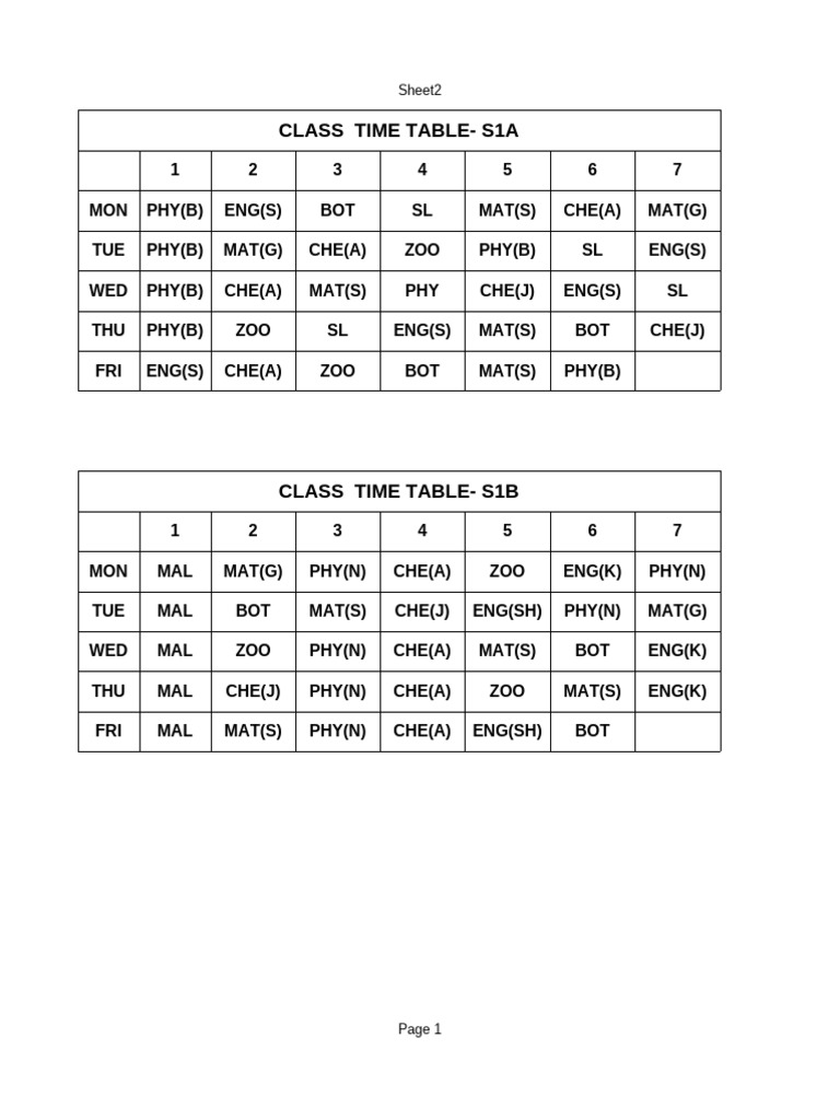 Class Time Table for First Year Students | PDF