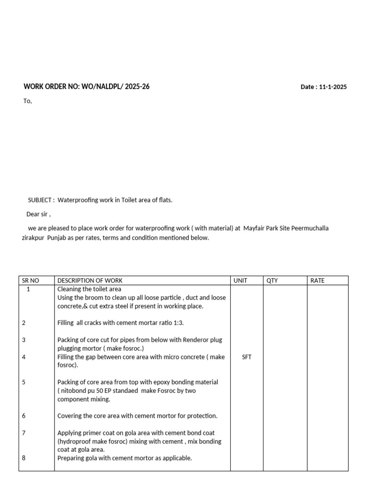 Waterproofing Work Order for Flats | PDF | Concrete | Mortar (Masonry)